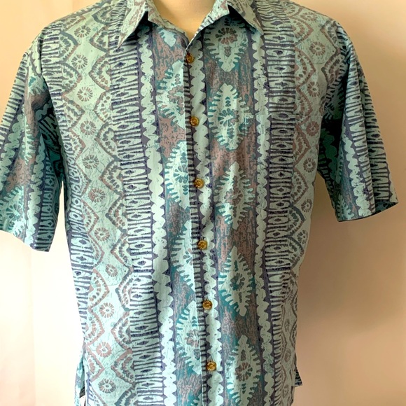 Vintage Cooke Street Hawaiian TIKI Short Sleeve Shirt L Geometric FLORAL Tribal - Picture 1 of 7